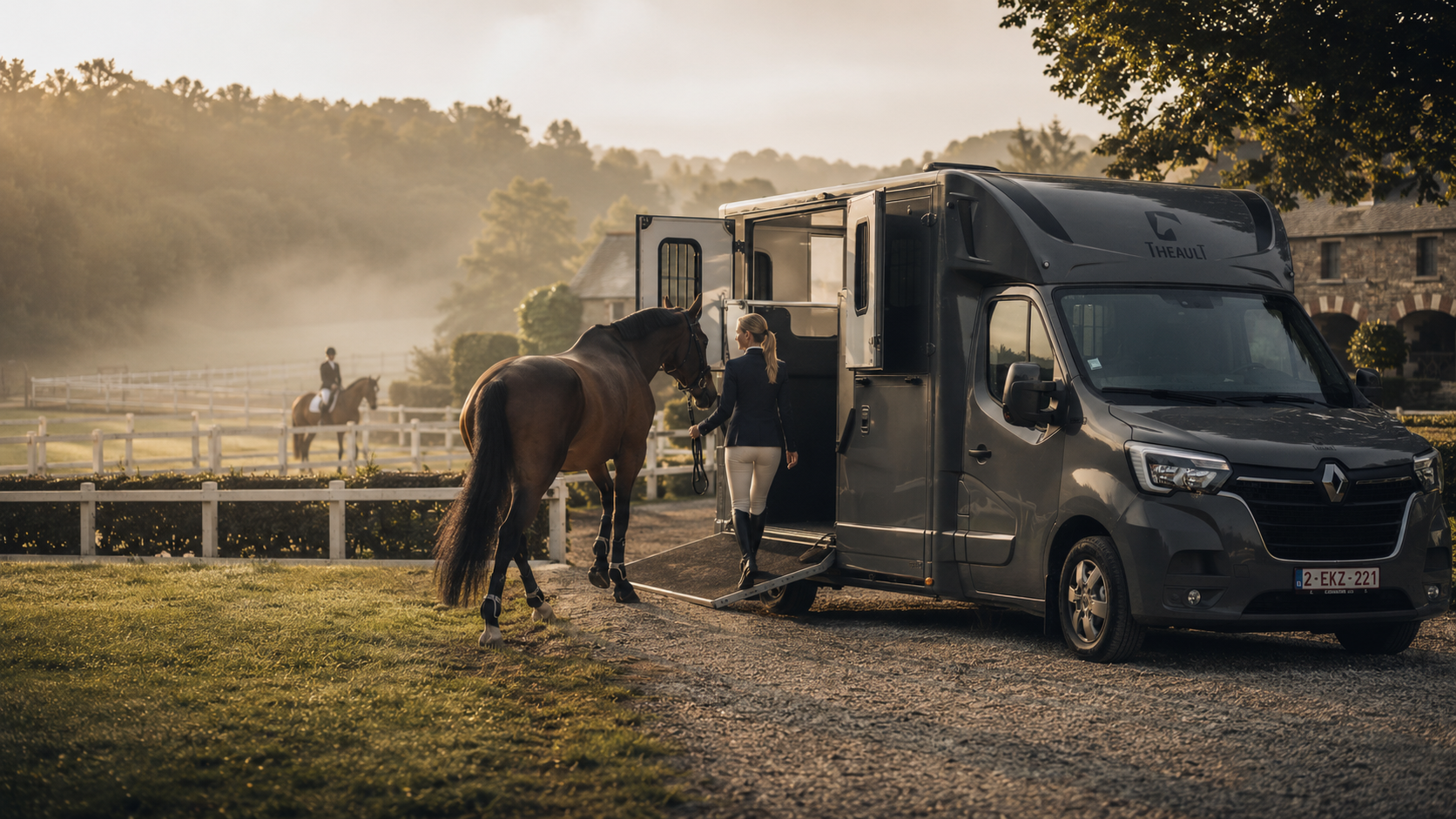 Cavalière chargeant un cheval dans une camionnette à Waterloo, Belgique, à l'aube